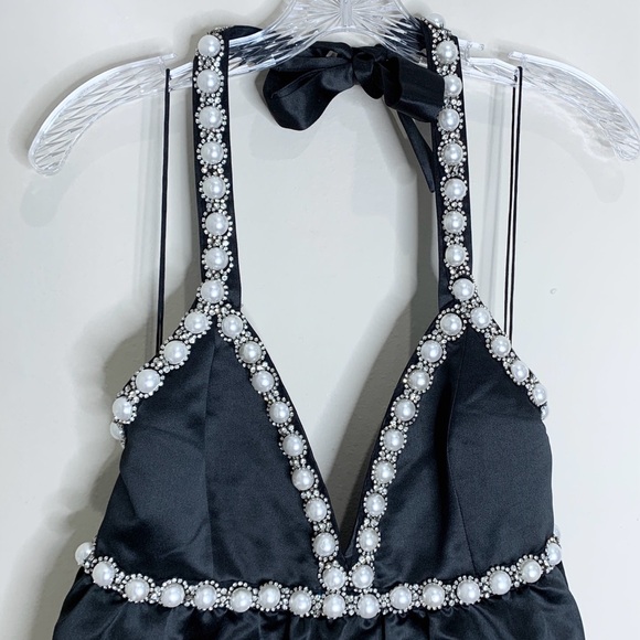 NEW Alice + Olivia Laurena Mini Dress (Sz 8) Pearl Embellished Empire Black - Picture 5 of 15